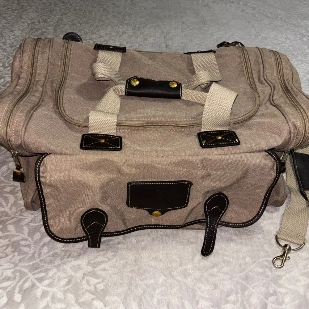 Eddie Bauer Ford Canvas Leather Trim Duffel Bag Weekender Travel Brown Luggage